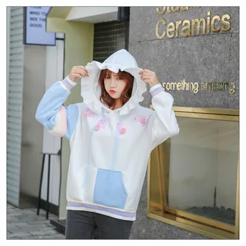 

Lychee Girls Rabbit Embroidery Hooded Women Fleece Sweatshirts Autumn Lady Pullovers Patchwork Ruffle Female Fleece Hoodies Tops