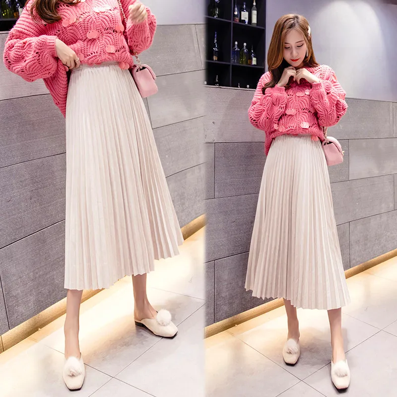 LISM Весенняя Осенняя модная женская плиссированная однотонная эластичная юбка средней длины с высокой талией Женская Черная миндальная юбка