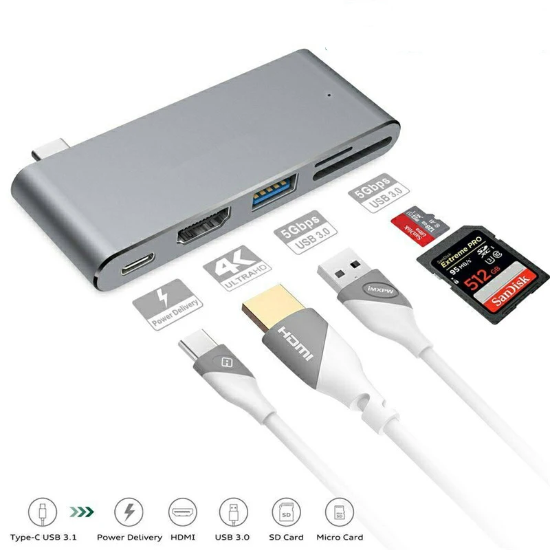 Концентратор Basix type C с HDMI 4K видео USB 3,0 SD TF кардридер с портом зарядки type C 3,1 концентратор для Macbook Pro Usb C концентратор - Цвет: SILVER