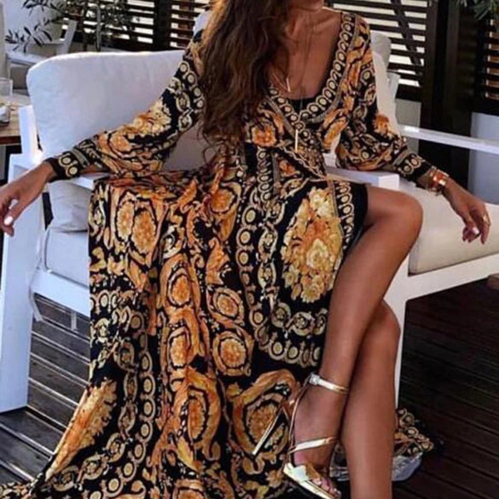 

2020 New Style Print Women Sexy Boat Neck Glitter Fashion Deep V Neck Women Dress Formal Long Dress Sexy Clubwear