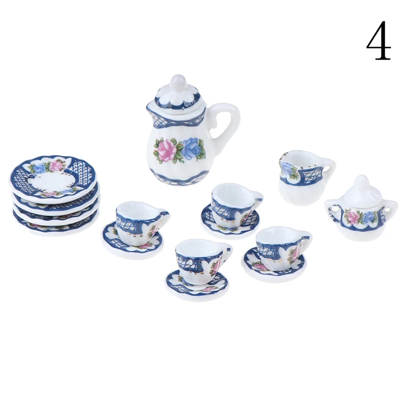 4 стиля 1:12, миниатюрный набор из 15 фарфоровых чайных чашек, чайный набор, Цветочная посуда, кухонный кукольный домик, мебель, игрушки для детей - Цвет: A4