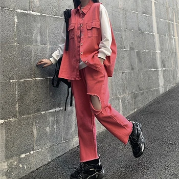 

Tracksuit For Women 2020 fashion Summer New Womens Loose Denim vest Tops+Pants Suit Female Plus Size Fashion Two Piece Sets TZ30