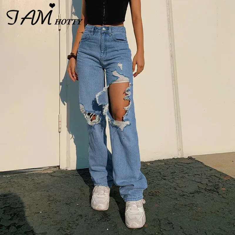 Iamhotty-Vaqueros rectos rasgados para mujer, Vaqueros holgados Vintage de cintura alta para novios Mom y2k, ropa de calle desgastada para mujer 2020