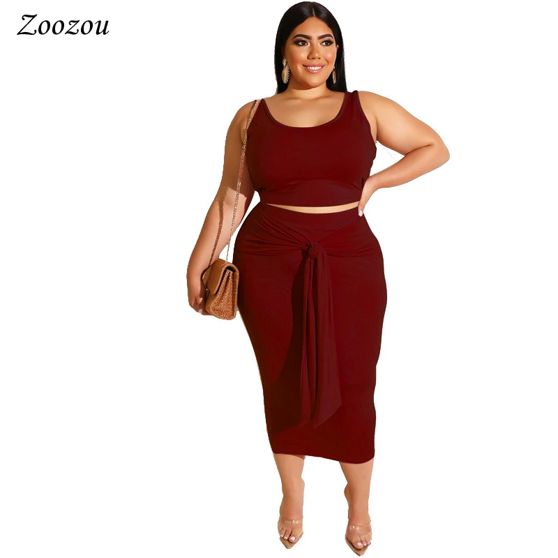 

Plus Size Summer Two Piece Set Crop Top Skirt Suits Casual Solid Color Sexy Slim Tank Top Tie Waist Skirts Outfits 4XL 5XL Set