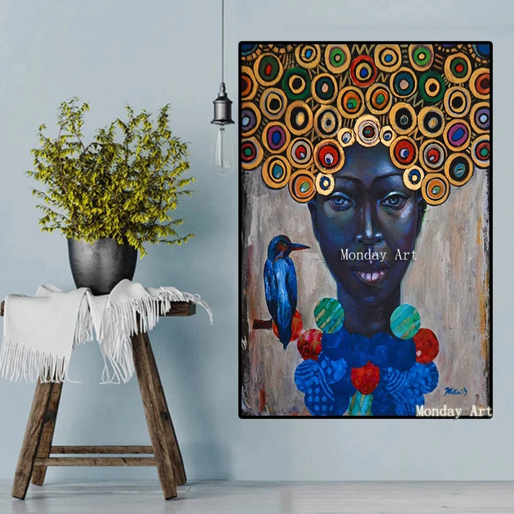Картина на холсте ручная роспись Африканский Женский портрет масляными красками Холст Искусство декоративное изображение на стене для гостиной