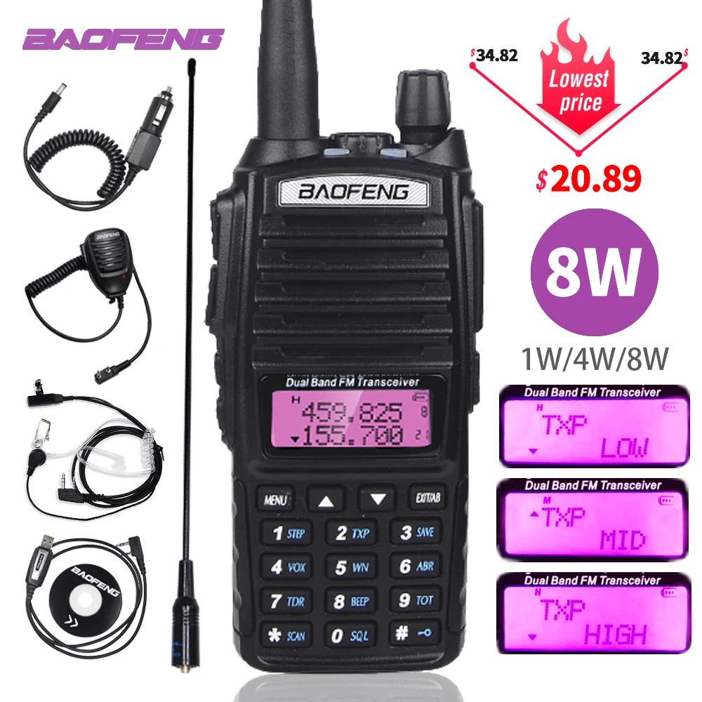 Baofeng UV-82 иди и болтай Walkie Talkie 8 Вт Мощность Портативный двухстороннее радио UV82