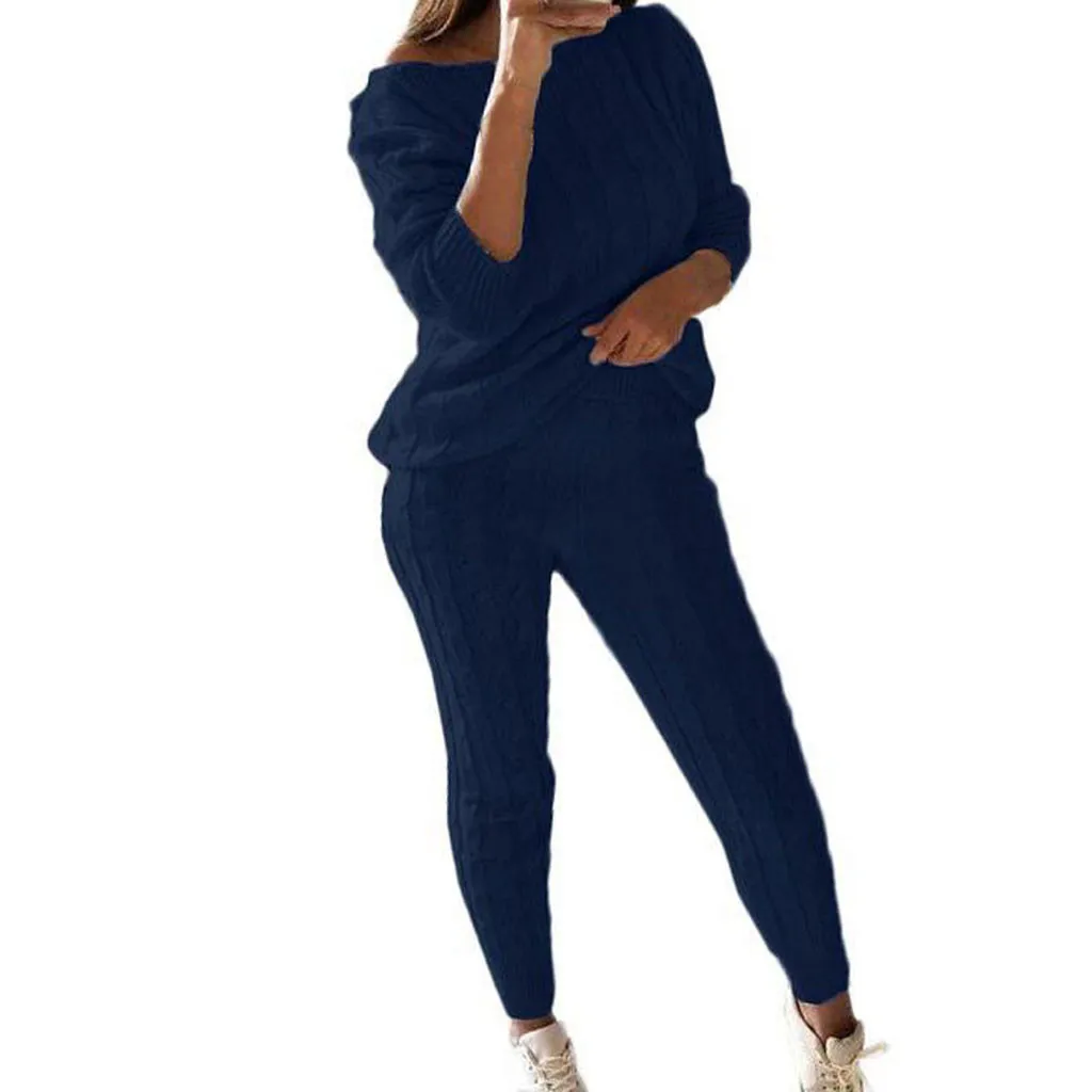 Женский однотонный вязаный теплый домашний костюм с круглым вырезом, 2 шт., Прямая поставка, модный размер, для отдыха, США, ЕС - Цвет: Синий