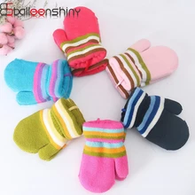 BalleenShiny/Детские зимние полосатые перчатки; Детские теплые плотные варежки с ремешком; перчатки ярких цветов для детей; зимние аксессуары
