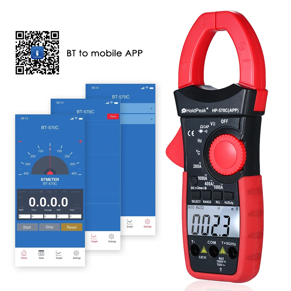 Digital Clamp Multimeter Auto Range BT Clamp Meter AC/DC Current Amperage Voltage Resistance Temp Electrical Tester Meter with