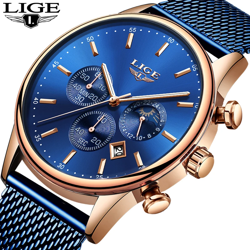

Reloj Hombre 2019 LIGE New Blue Fashion Quartz Gold Watch Men Business Waterproof All Steel Clock Male Big Dial Date Chronograph