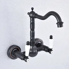 Kitchen Wet Bar Bathroom Vessel Sink Faucet Black Oil Rubbed Brass Wall Mounted Swivel Spout Mixer Tap Dual Ceramic Lever msf717