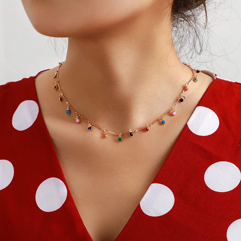 HuaTang Кристалл Стразы ключицы колье ожерелье для женщин трендовые красочные круглые бусины ювелирные изделия, Золотая цепь на шею B31203
