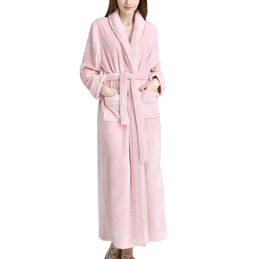 Одежда флисовый банный халат с карманами, очень Длинный пеньюар, Женская свободная теплая зимняя повседневная одежда для сна с поясом - Цвет: Коричневый