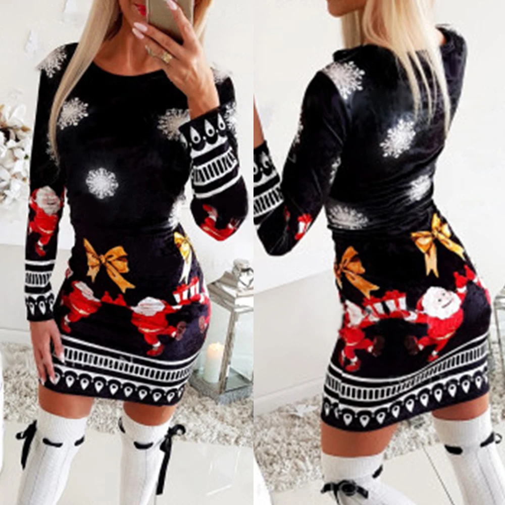 

Christmas Bodycon Dresses for Women 2020 Fashion knitted Print Woman Dress Long Sleeve Autumn Winter Clothing for Female