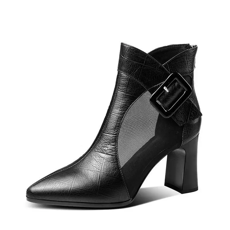 

2021 Soft Leather Mesh Sandals Boots Women's High Heeeld Summer Boot Pointed toe Woman Buckle Shoes Thick heel Back Zip Black