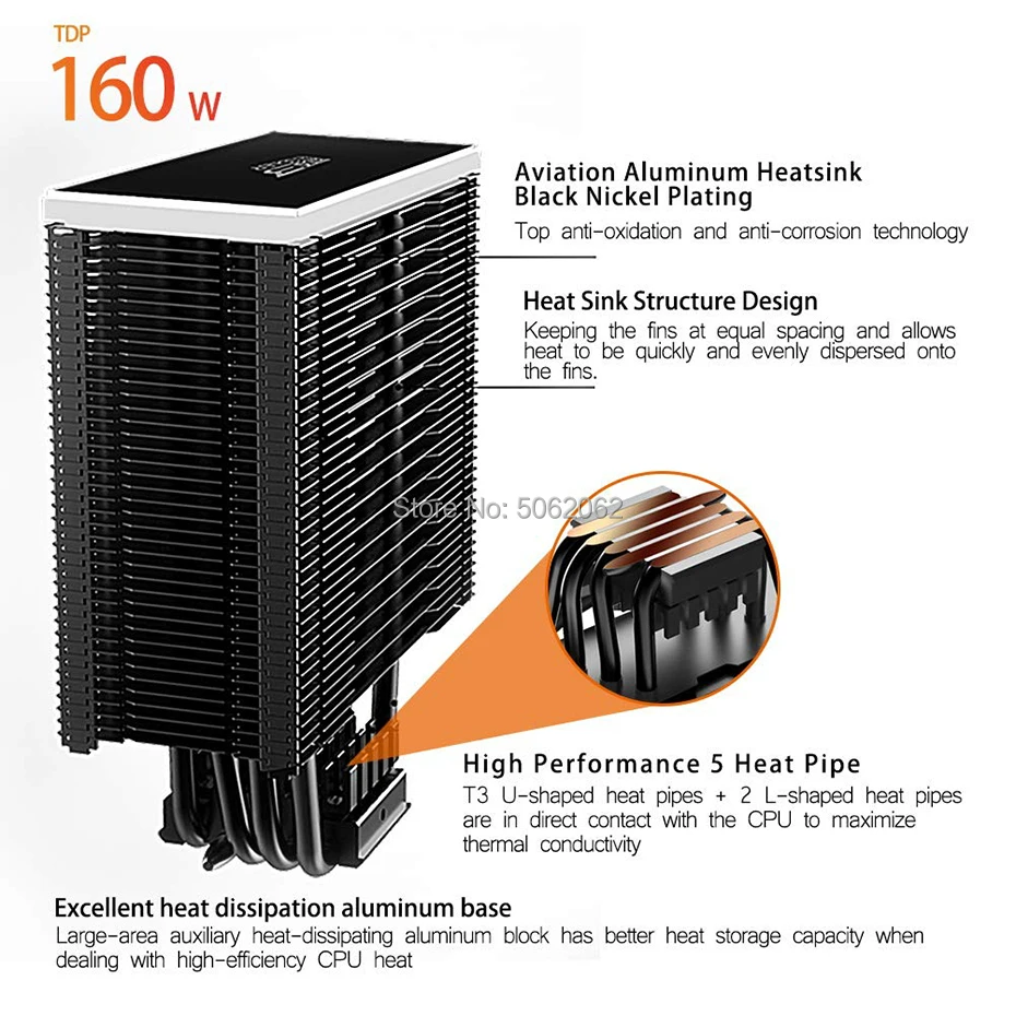 Pccooler GI-D56A 5 тепловым стержнем heat pipe Процессор охладитель 12 см Addressable RGB вентилятор с ШИМ-управлением для Intel 115X2011 1366 2066 AMD AM4 компьютер Процессор охлаждения