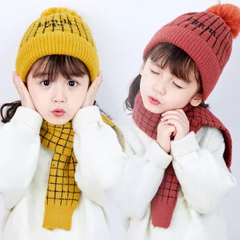 

2019 Pompom Children's Wool Hat Autumn Winter Baby Set Hat Plaid Scarf Two-piece Set Warm Knitted Hat Cold-proof Wholesale
