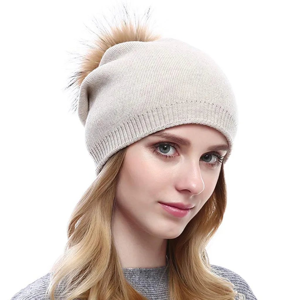 

Women Knitting Wool Hemming Warm Beanie Winter Cashmere Hairball Pom Pom Hat Cap