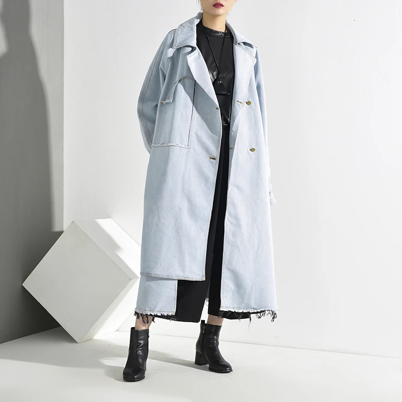 

2020 new winter fashion turn-down collar full sleeves denim washted tassels asymmetrical single breasted big size windbreaker