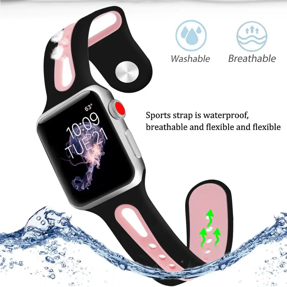 Силиконовый дышащий плечевой ремень для apple watch, ремешок 42/38 мм 44/40 мм Series 5/4/3/2/1 для apple watch спортивные повязки браслет для наручных часов iwatch