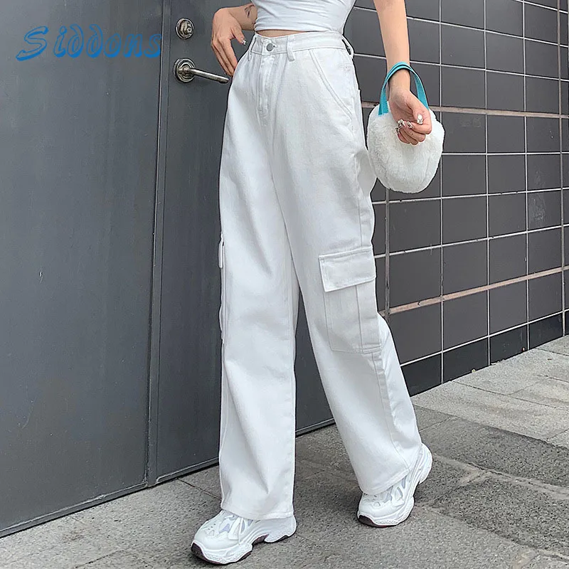 

SIDDONS Pockets Patchwork Cargo Pants Casual Solid Straight Pants Fashion Loose Trousers High Waist Jeans Pants Women Pantalones