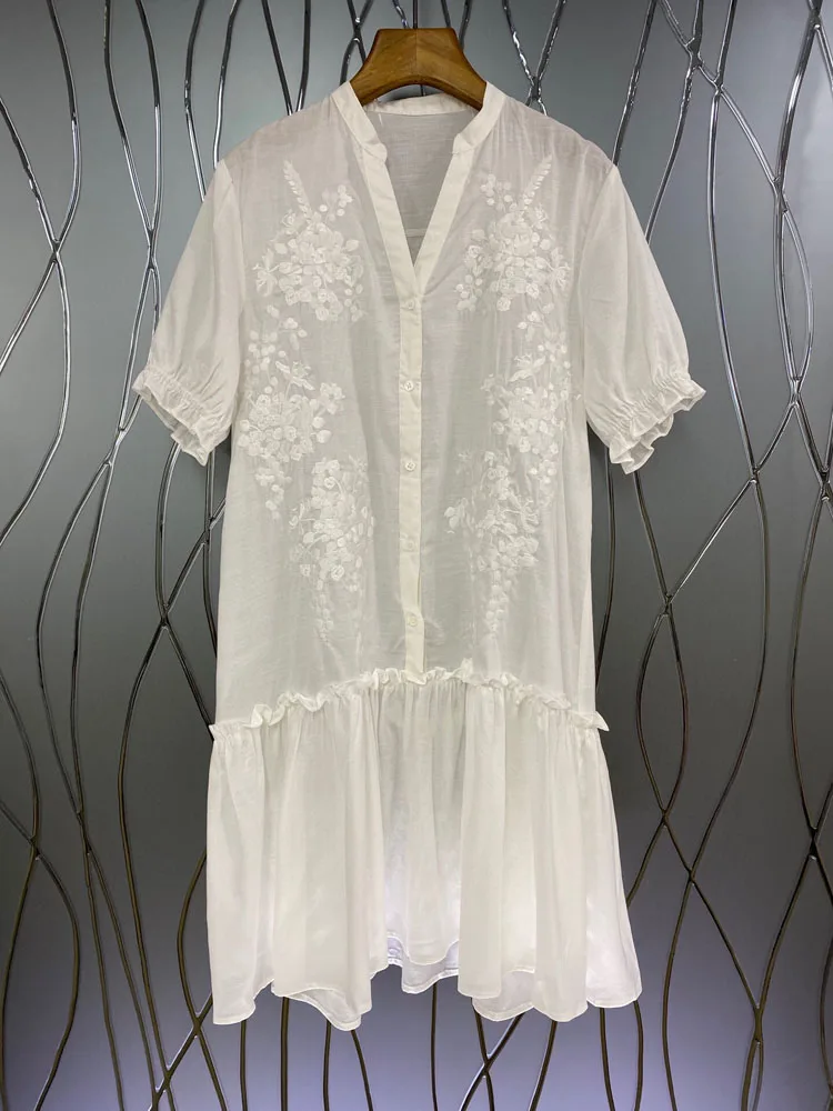 

Newest Fashion Summer Dress 2021 High Quality Women Luxurious Embroidery Short Sleeve Casual White Club Dress Cotton Linen