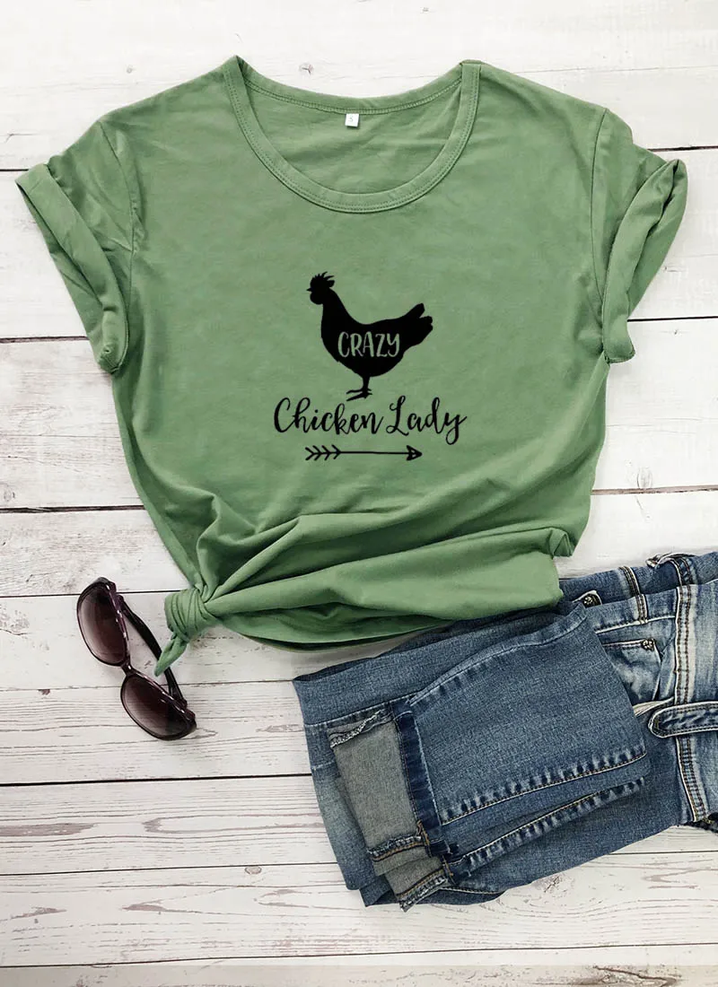 Crazy Chicken Lady/Новое поступление, женская летняя забавная Повседневная футболка из хлопка с принтом фермера, подарок на день матери, деревенская рубашка - Цвет: olive-black text