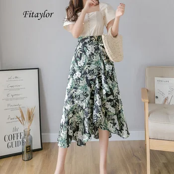

Fitaylor Summer Vintage Floral Print Skirts Women Ruffled Hem Asymmetric Beach Skirt Female High Waist Lace-up Mid-calf Skirt