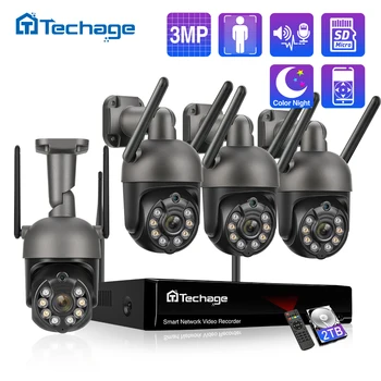 Techage-Sistema de videovigilancia inalámbrico PTZ, 3MP IP de cámara de seguridad, Audio bidireccional, WIFI, 8 canales, P2P, NVR, seguimiento humano
