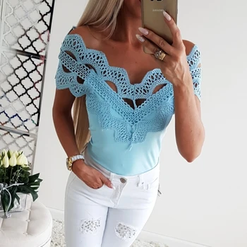 

New Arrival Summer Women T-shirt Lace Patchwork Hollow Out T Shirts Short Sleeve Slash Neck Off Shoulder Tee Top tshirt Harajuku