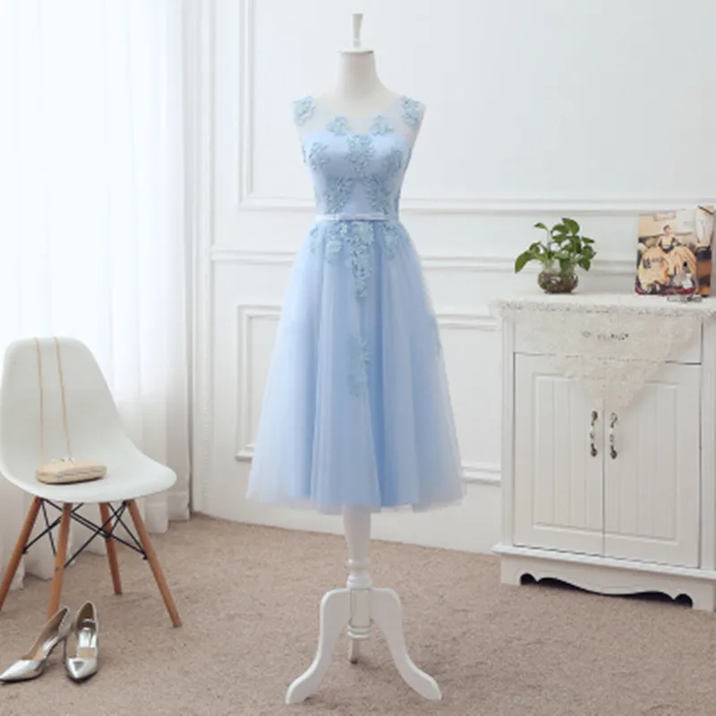 Длинные розовые платья подружки невесты с кружевной аппликацией; Robe De Soiree; Тюлевое платье для свадебной вечеринки; Цвет Небесно-Голубой, шампань, серый; Vestidos De Festa - Цвет: Sky blue medium dres