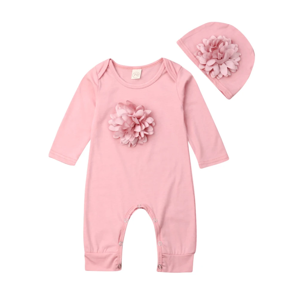Одежда для новорожденных девочек, комбинезон с объемным цветком, комбинезон с длинными рукавами, шапка, однотонный осенний комплект