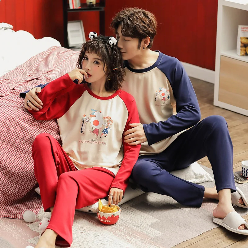 

Couples Pajamas Women's Spring And Autumn Men Cute Mushroom Pure Cotton Long Sleeve Thin Two-Piece Set Students Outer Wear Track