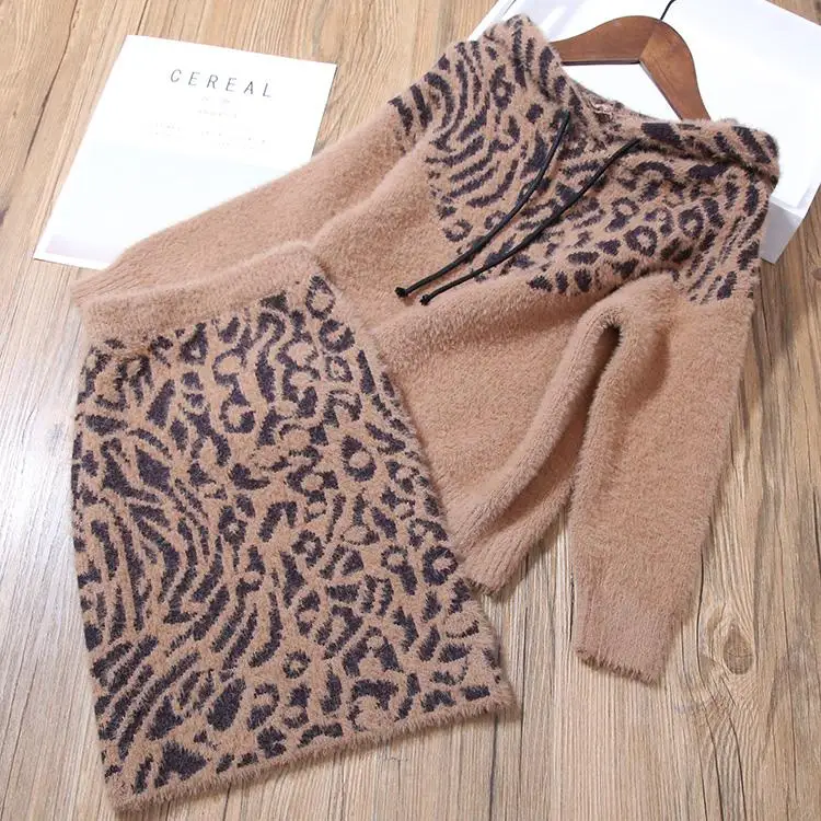 Autumn Winter Fashion Kids Girls Leopard Print Clothes Children Girl Hooded Warm Solid Knit Sweater And Skirt Outfits K133