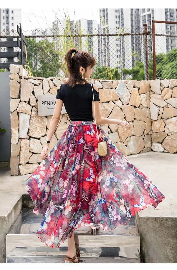 REALEFT-faldas largas Bohemias de gasa para mujer, largas holgadas de cintura alta con Floral para playa, 2021 - AliExpress Ropa mujer