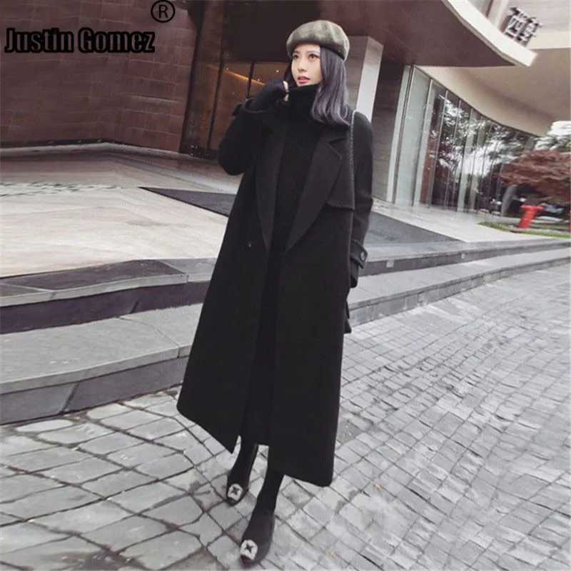 

Knee Loose Slim Woolen Overcoat Solid Black Oversize Thick Warm Women Winter 2019 Coats Plus Size Simple Outerwear Long Coat
