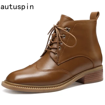 

autuspin Classics Winter Warm Ankle Boots Fashion Women Genuine Leather Lace Up Motorcycle Boots Neutral Round Toe Basic Shoes