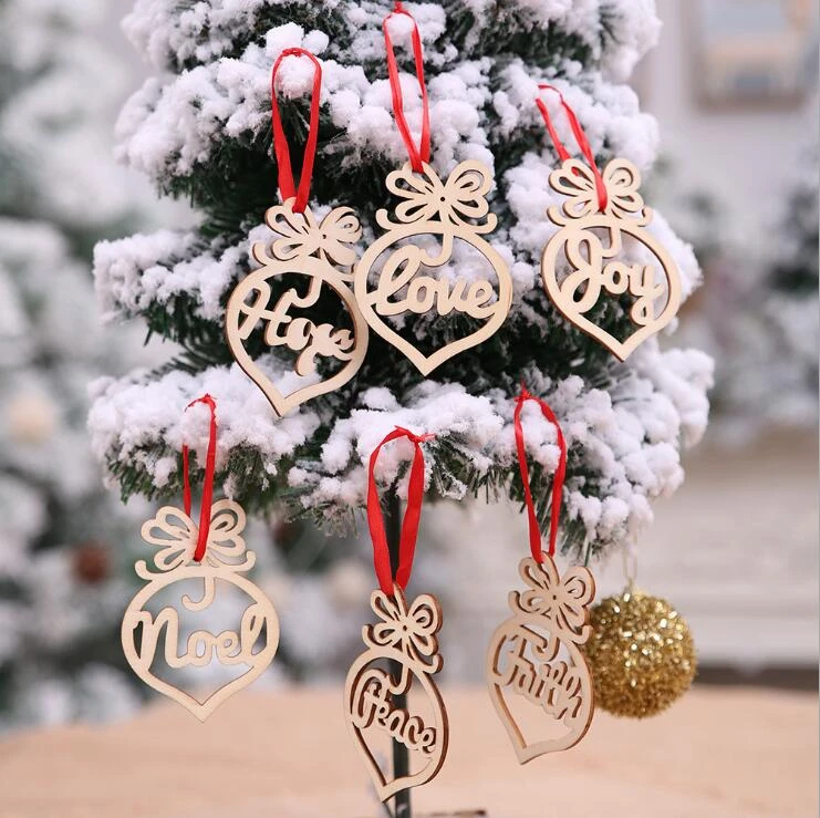 

6PCS/Set Bulb Shape Wooden Letter Pendants Ornaments Home Party Christmas Decorations Xmas Tree Ornaments Kids Gifts