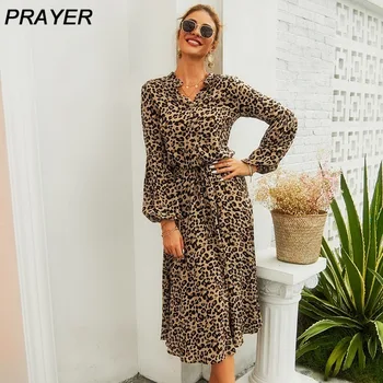 

Leopard Dress Women Loose long sleeve V neck mid-calf A-line Sexy Party Dress Vestidos de fiesta women fashion Leopard Dress