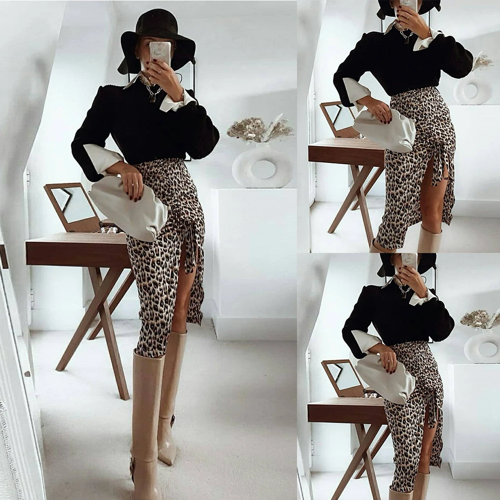 Womens Sexy Skirt Pleated Leopard Printed Skirts Elastic Side Open Skirt Evening Party Night Club High Waist Casual Skirts D30 2