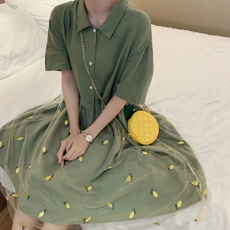 Dress Women Solid A-line Mesh Stitching Green Summer Embroidery Casual Harajuku Sweet Girls Chic Kawaii Womens Dresses Fashion