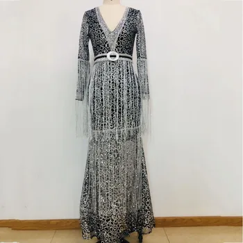 

African Dresses For Women 2020 Tassel Long Sleeve V-Neck Sling Sequin Long Dress Empire Fashion New Maxi Dress Africa Clothing