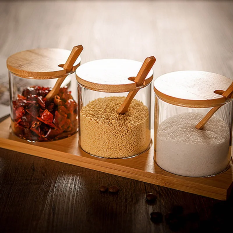 

300ml Kitchen Glass Seasoning Storage Jars Set Straight Bamboo Shelf Seasoning Box Kitchen Salt Sugar Seasoning Bottle Tool