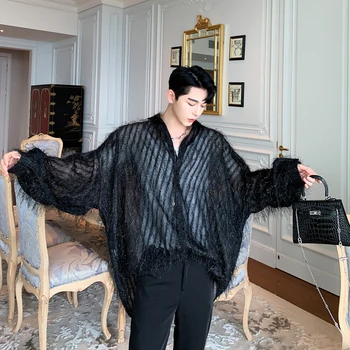 

Male Women Vintage Fashion Streetwear Hip Hop Party Dress Shirts Men See Through Long Sleeve Stripe Loose Casual Shirt