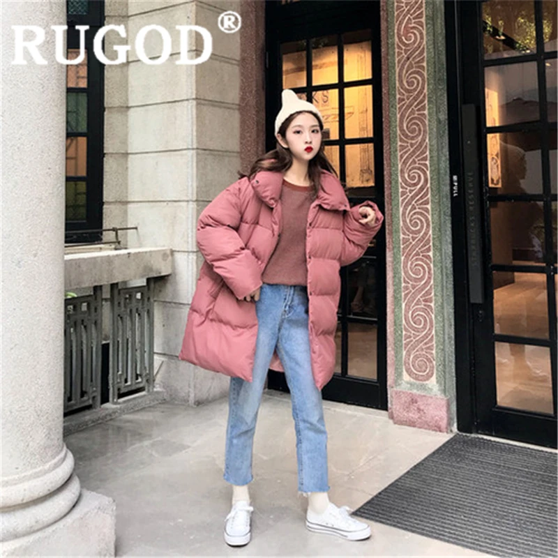RUGOD, Длинная зимняя одежда, женское хлопковое пальто с длинным рукавом, плотное пальто, однотонное повседневное свободное Женское пальто, теплая зимняя одежда, casaco feminino - Цвет: Brick red