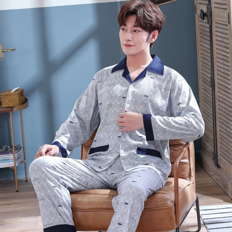 

Long Sleeve Cotton Pajamas Spring Youth Less Middle-aged Spring And Autumn Men's Pajamas Cotton Double-Sided Tracksuit Set 5623