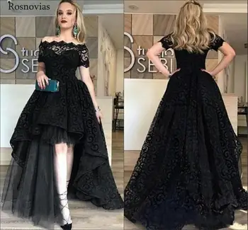 

Black Off Shoulder Long Evening Dresses 2020 Short Sleeves High Low Lace Appliques Formal Prom Party Dresses Vestido De Noche