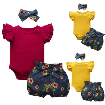 

Baby Girls Floral Romper Top shirts Shorts Outfits Set Short Sleeve Ruffle O Neck Clothes Summer Suits Headband Newborn 3Pcs D30