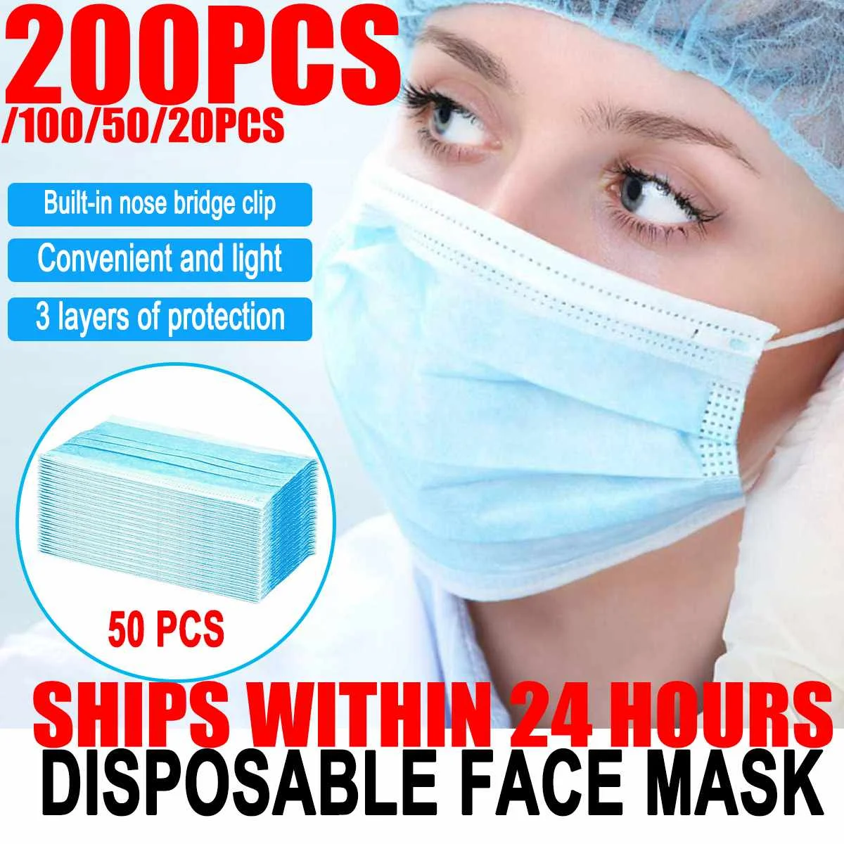 

200Pcs Disposable 3-Layer Dustproof Protective Face Mouth Masks Non-woven Fabric Facial Dust-Proof Protective Safety Masks