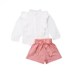 Белая футболка с длинными рукавами для маленьких девочек от 2 до 7 лет топы, шорты с бантом штаны, комплект одежды из 2 предметов для девочек